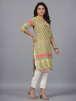 Thumbnail for Juniper Women's Women Lime Green Ethnic Motif Printed High Low Cotton Kurta With Kaudis Tassels & Contract Piping - Distacart