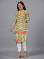 Thumbnail for Juniper Women's Women Lime Green Ethnic Motif Printed High Low Cotton Kurta With Kaudis Tassels & Contract Piping - Distacart