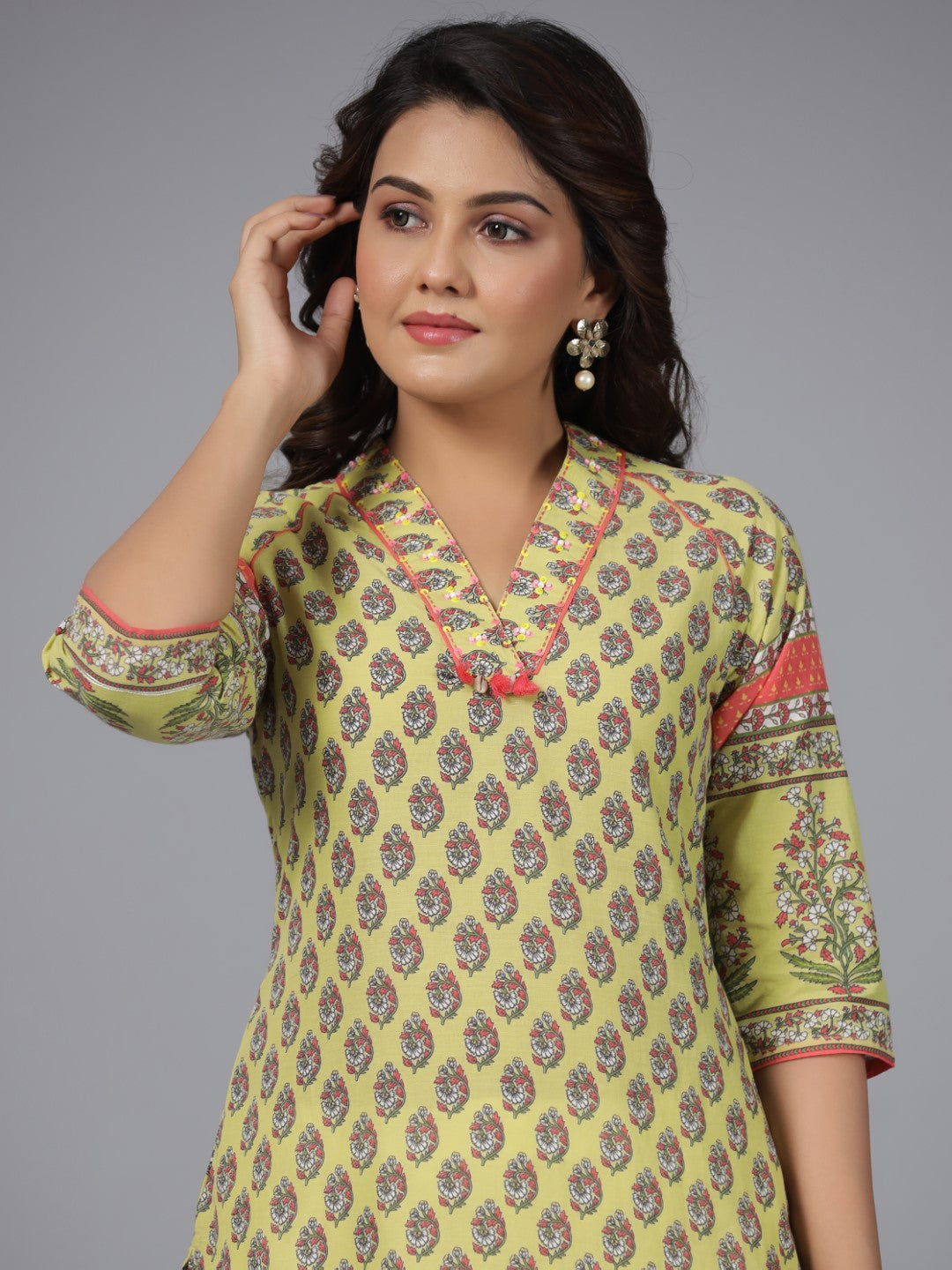 Juniper Women's Women Lime Green Ethnic Motif Printed High Low Cotton Kurta With Kaudis Tassels & Contract Piping - Distacart