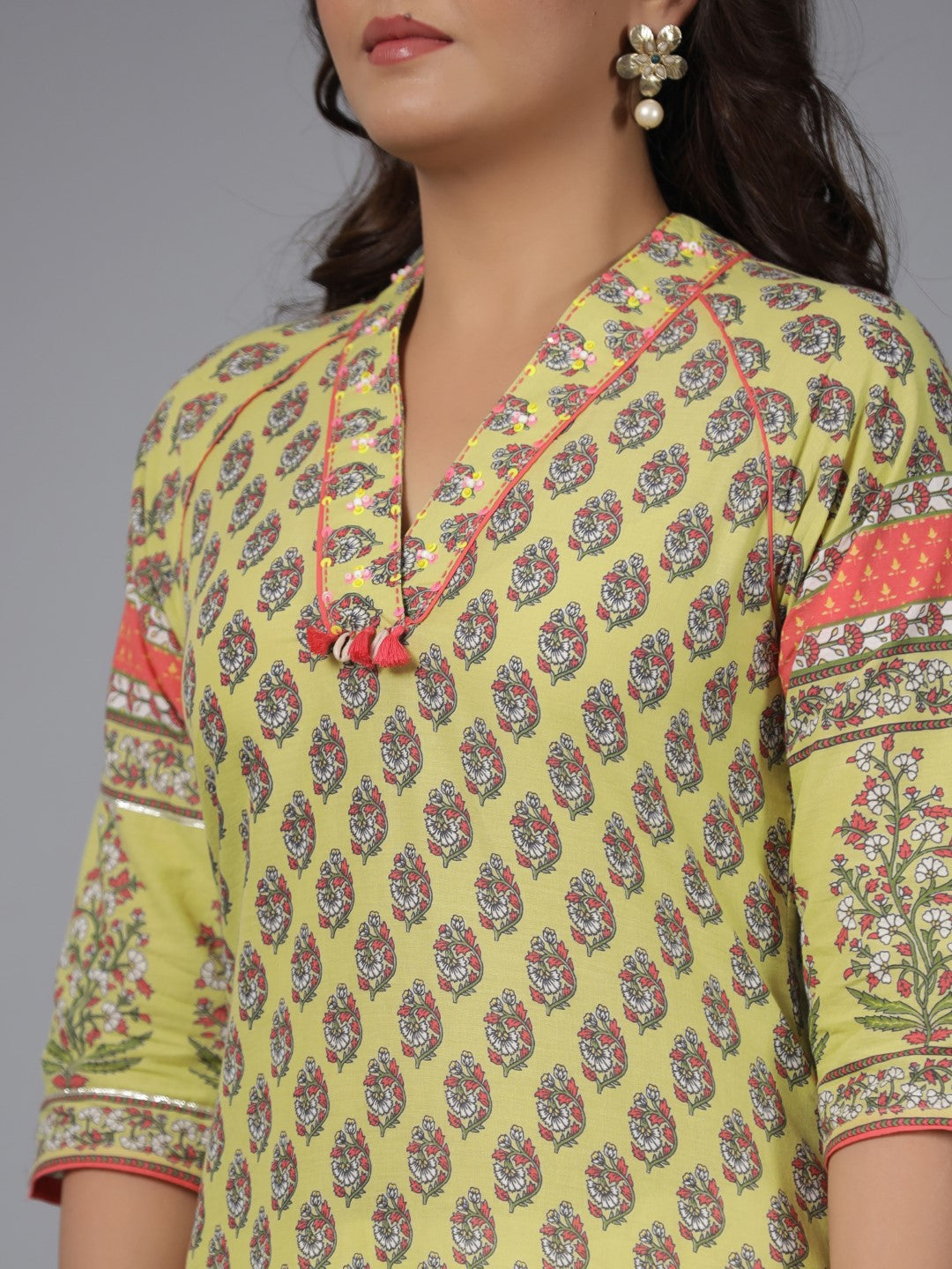 Juniper Women's Women Lime Green Ethnic Motif Printed High Low Cotton Kurta With Kaudis Tassels & Contract Piping - Distacart