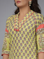 Thumbnail for Juniper Women's Women Lime Green Ethnic Motif Printed High Low Cotton Kurta With Kaudis Tassels & Contract Piping - Distacart