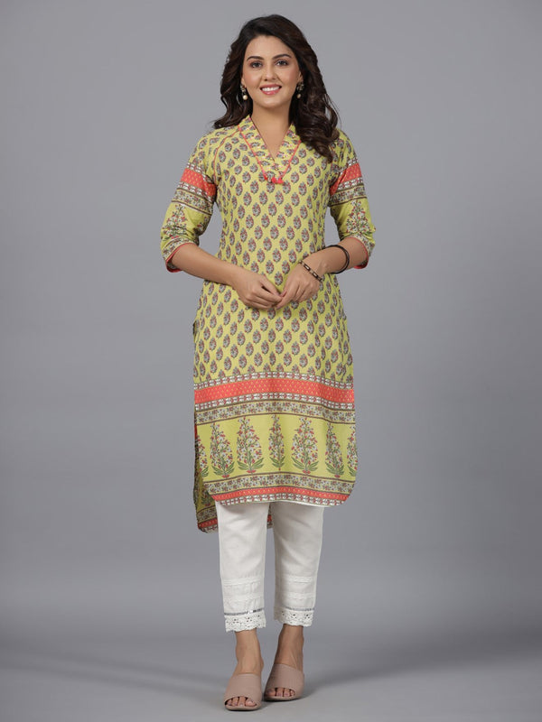 Juniper Women's Women Lime Green Ethnic Motif Printed High Low Cotton Kurta With Kaudis Tassels & Contract Piping - Distacart