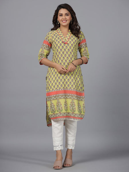Juniper Women's Women Lime Green Ethnic Motif Printed High Low Cotton Kurta With Kaudis Tassels & Contract Piping - Distacart