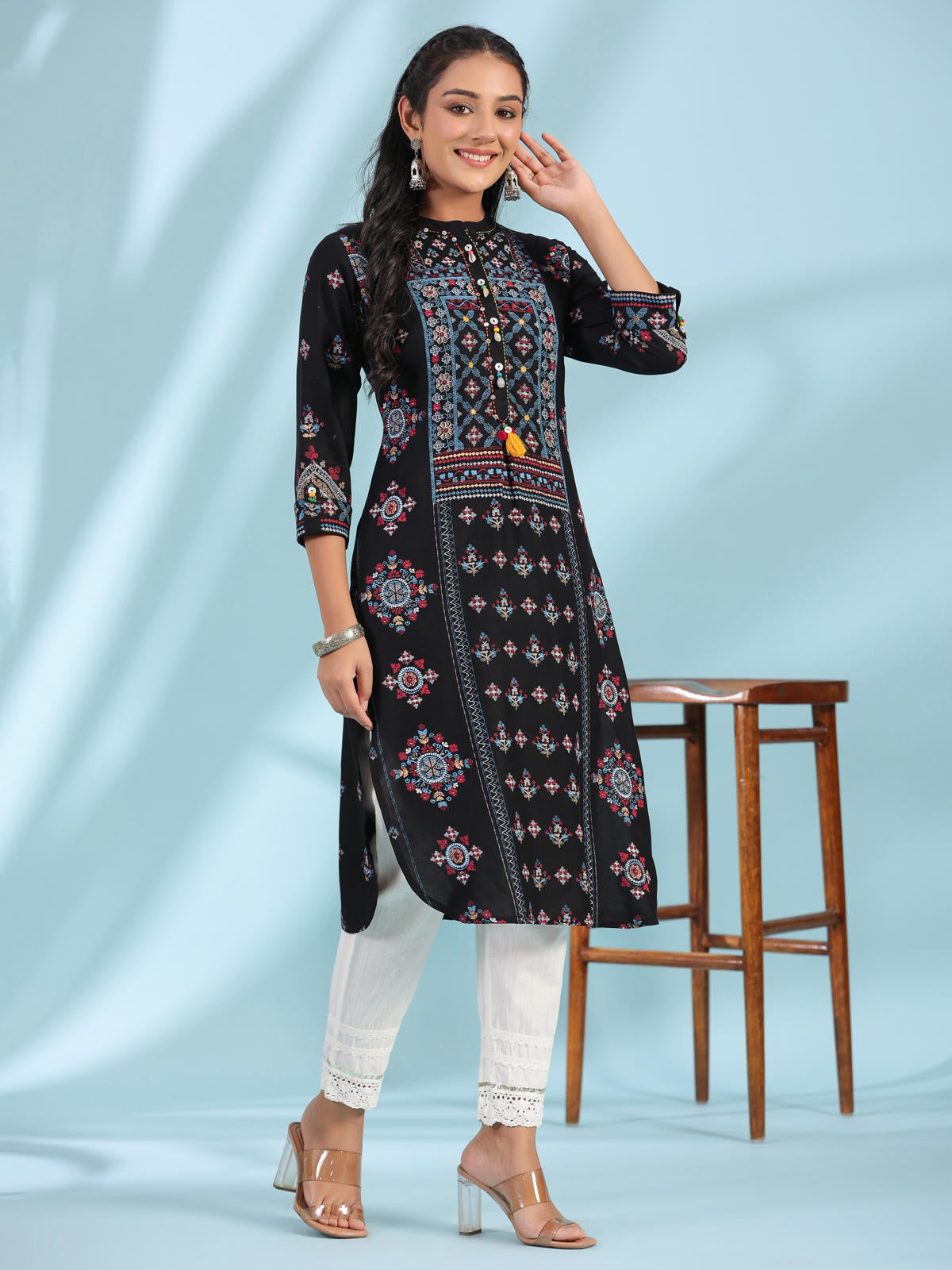 Juniper Women's Black Ethnic Motif Printed Rayon Calf Length Straight Kurta With Kaudis Kantha Work & Sequins - Distacart