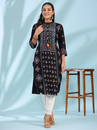 Juniper Women's Black Ethnic Motif Printed Rayon Calf Length Straight Kurta With Kaudis Kantha Work & Sequins - Distacart