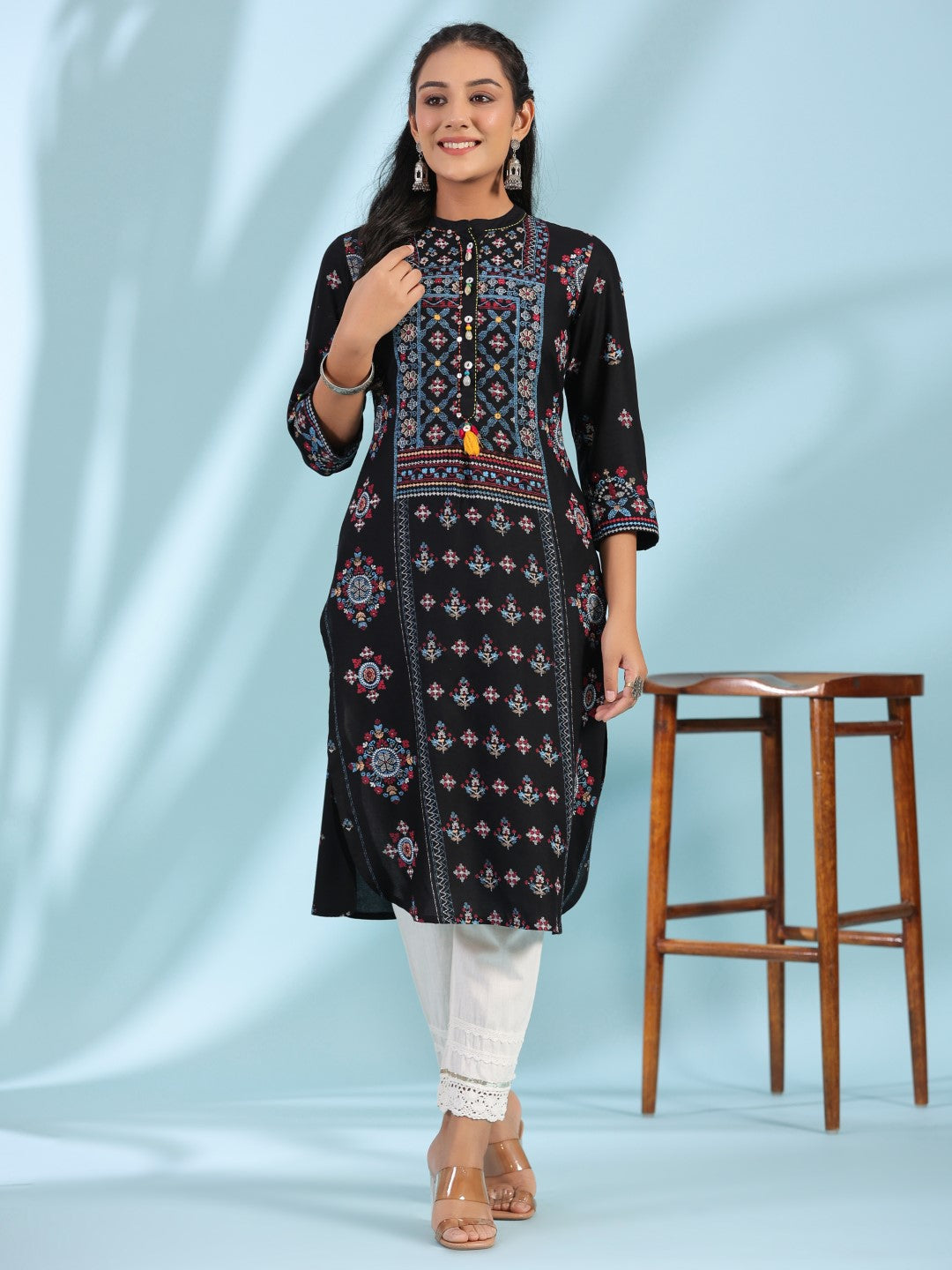 Juniper Black Ethnic Motif Printed Rayon Calf Length Straight Kurta With Kaudis Kantha Work & Sequins - Distacart