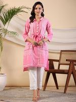 Thumbnail for Juniper Women's The Dhara Tie-Up Pink Geometric Printed Cotton Fusion Kurta With Contest 3D Beadwork & Tassels - Distacart