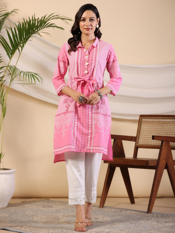 Juniper Women's The Dhara Tie-Up Pink Geometric Printed Cotton Fusion Kurta With Contest 3D Beadwork & Tassels - Distacart