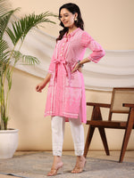 Thumbnail for Juniper Women's The Dhara Tie-Up Pink Geometric Printed Cotton Fusion Kurta With Contest 3D Beadwork & Tassels - Distacart