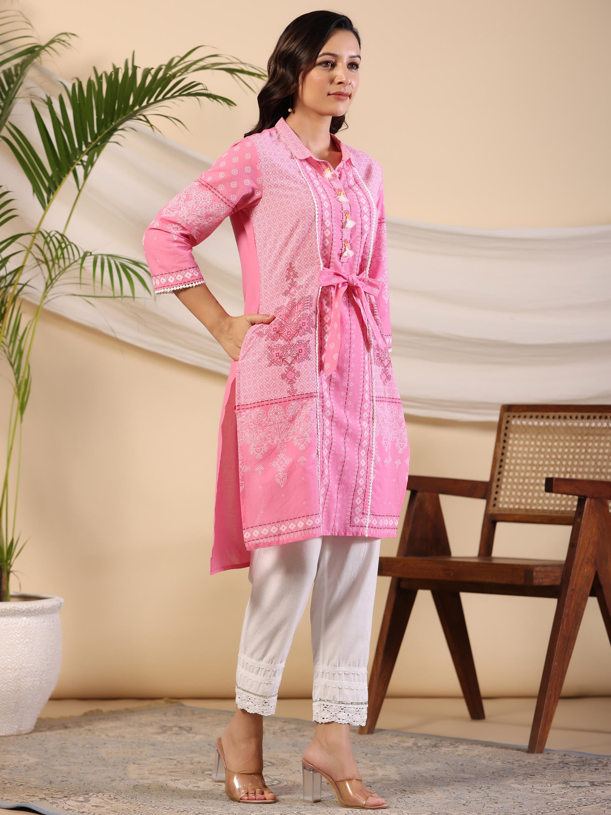 Juniper Women's The Dhara Tie-Up Pink Geometric Printed Cotton Fusion Kurta With Contest 3D Beadwork & Tassels - Distacart