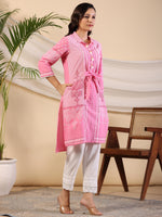 Thumbnail for Juniper Women's The Dhara Tie-Up Pink Geometric Printed Cotton Fusion Kurta With Contest 3D Beadwork & Tassels - Distacart