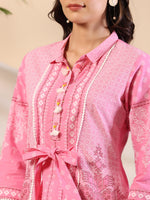 Thumbnail for Juniper Women's The Dhara Tie-Up Pink Geometric Printed Cotton Fusion Kurta With Contest 3D Beadwork & Tassels - Distacart