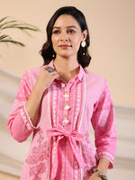 Thumbnail for Juniper Women's The Dhara Tie-Up Pink Geometric Printed Cotton Fusion Kurta With Contest 3D Beadwork & Tassels - Distacart
