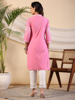 Thumbnail for Juniper Women's The Dhara Tie-Up Pink Geometric Printed Cotton Fusion Kurta With Contest 3D Beadwork & Tassels - Distacart