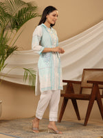 Thumbnail for Juniper Women's The Dhara Tie-Up Sky Blue Geometric Printed Cotton Fusion Kurta With Contest 3D Beadwork & Tassels - Distacart