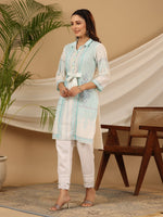 Thumbnail for Juniper Women's The Dhara Tie-Up Sky Blue Geometric Printed Cotton Fusion Kurta With Contest 3D Beadwork & Tassels - Distacart