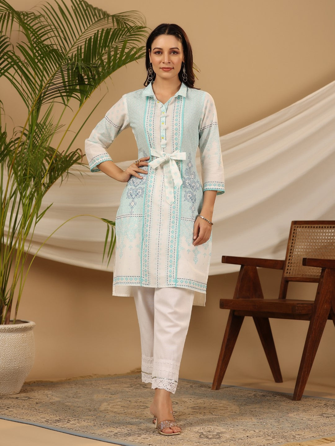 Juniper Women's The Dhara Tie-Up Sky Blue Geometric Printed Cotton Fusion Kurta With Contest 3D Beadwork & Tassels - Distacart