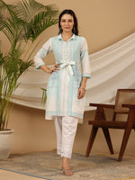 Thumbnail for Juniper Women's The Dhara Tie-Up Sky Blue Geometric Printed Cotton Fusion Kurta With Contest 3D Beadwork & Tassels - Distacart