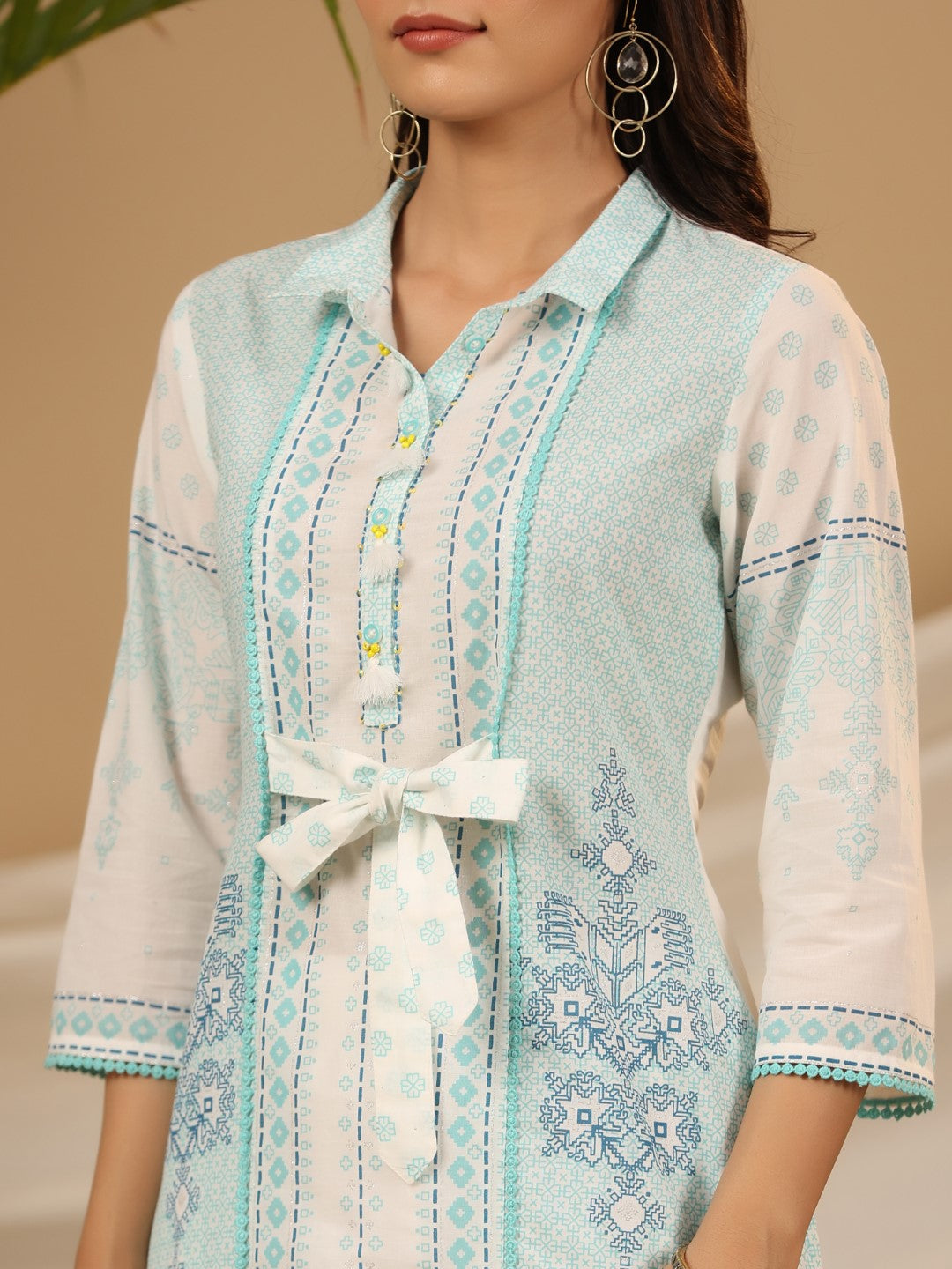Juniper Women's The Dhara Tie-Up Sky Blue Geometric Printed Cotton Fusion Kurta With Contest 3D Beadwork & Tassels - Distacart