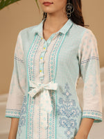 Thumbnail for Juniper Women's The Dhara Tie-Up Sky Blue Geometric Printed Cotton Fusion Kurta With Contest 3D Beadwork & Tassels - Distacart