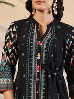 Thumbnail for Juniper Black Geometric Printed Cotton Fusion Kurta With Contrast 3D Beadwork Side Tie-Ups & Coins - Distacart