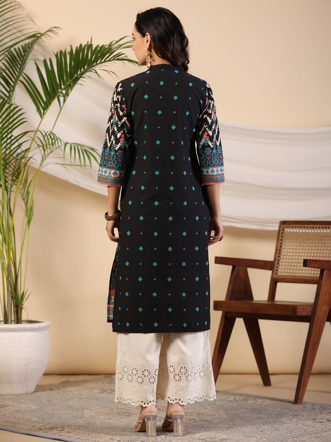Juniper Black Geometric Printed Cotton Fusion Kurta With Contrast 3D Beadwork Side Tie-Ups & Coins - Distacart