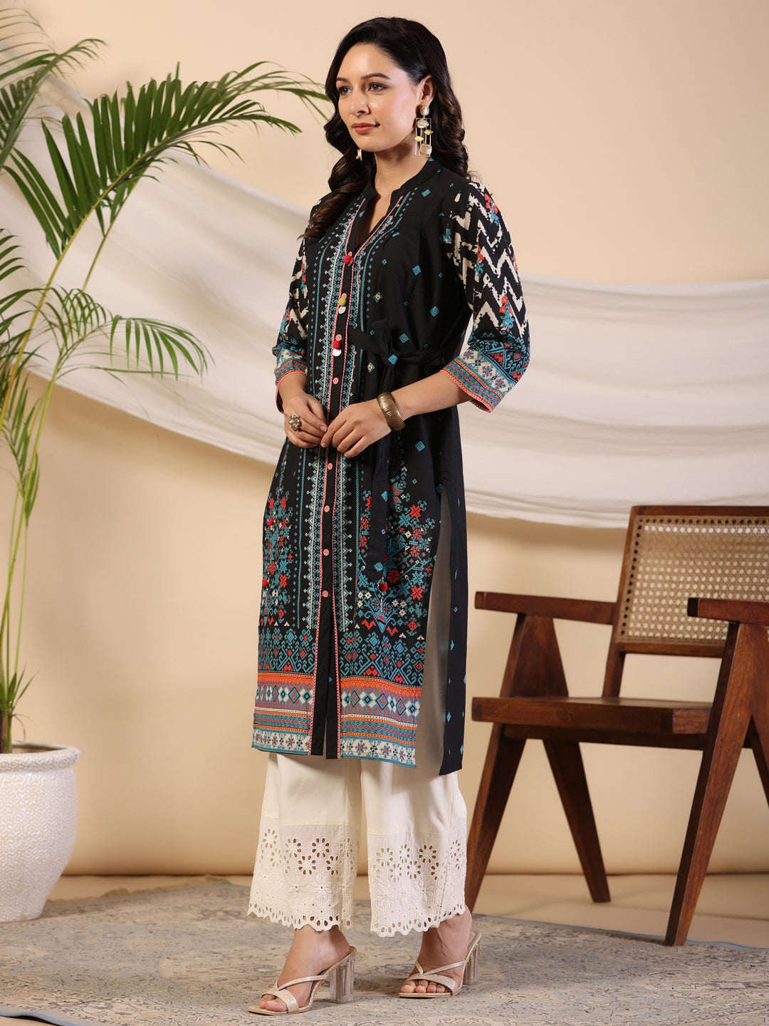 Juniper Black Geometric Printed Cotton Fusion Kurta With Contrast 3D Beadwork Side Tie-Ups & Coins - Distacart