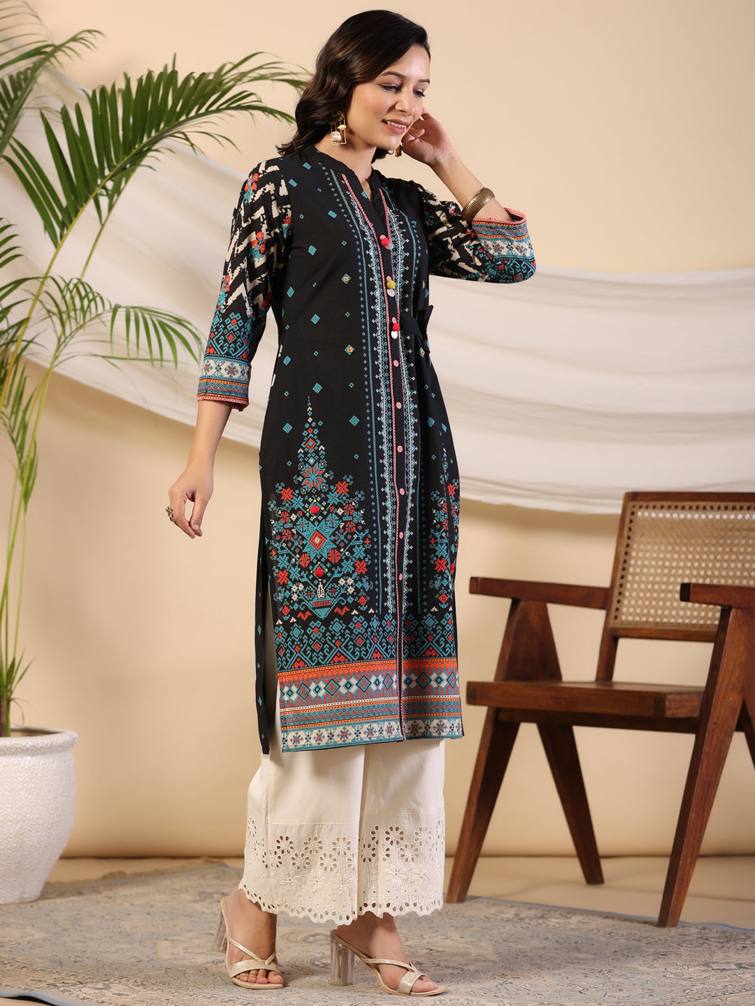 Juniper Black Geometric Printed Cotton Fusion Kurta With Contrast 3D Beadwork Side Tie-Ups & Coins - Distacart