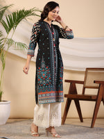 Thumbnail for Juniper Black Geometric Printed Cotton Fusion Kurta With Contrast 3D Beadwork Side Tie-Ups & Coins - Distacart