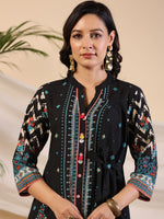Thumbnail for Juniper Black Geometric Printed Cotton Fusion Kurta With Contrast 3D Beadwork Side Tie-Ups & Coins - Distacart