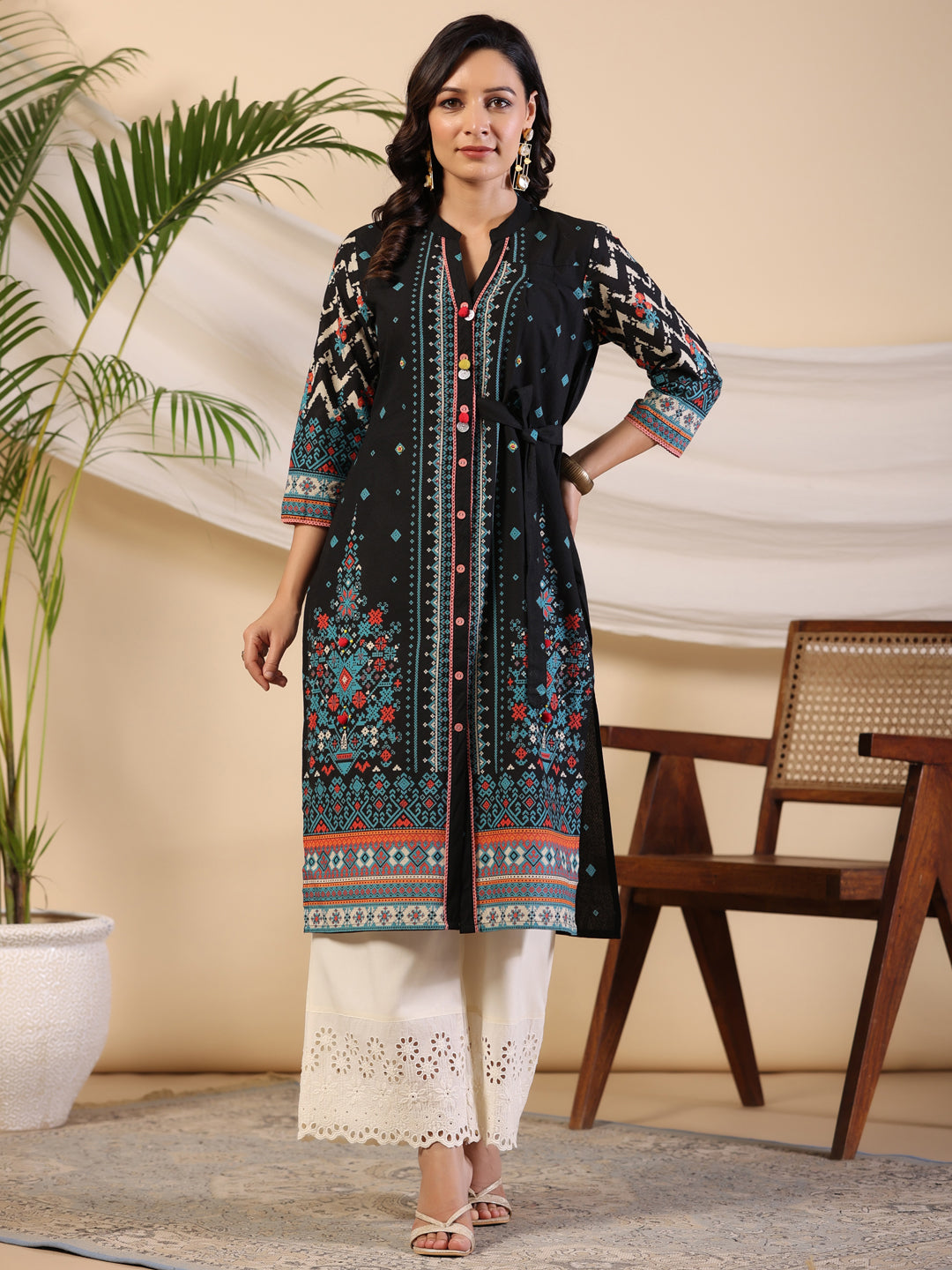 Juniper Black Geometric Printed Cotton Fusion Kurta With Contrast 3D Beadwork Side Tie-Ups & Coins - Distacart