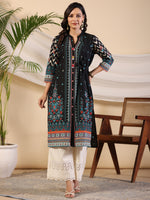 Thumbnail for Juniper Black Geometric Printed Cotton Fusion Kurta With Contrast 3D Beadwork Side Tie-Ups & Coins - Distacart