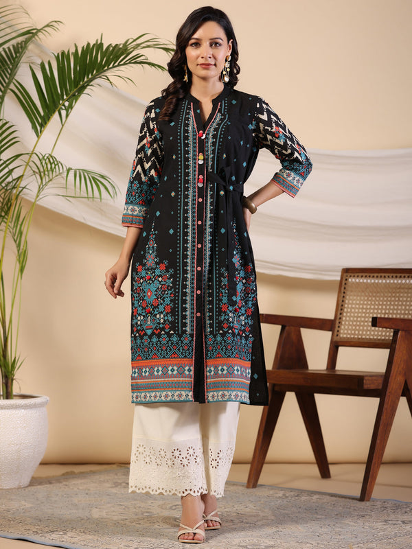 Juniper Black Geometric Printed Cotton Fusion Kurta With Contrast 3D Beadwork Side Tie-Ups & Coins - Distacart