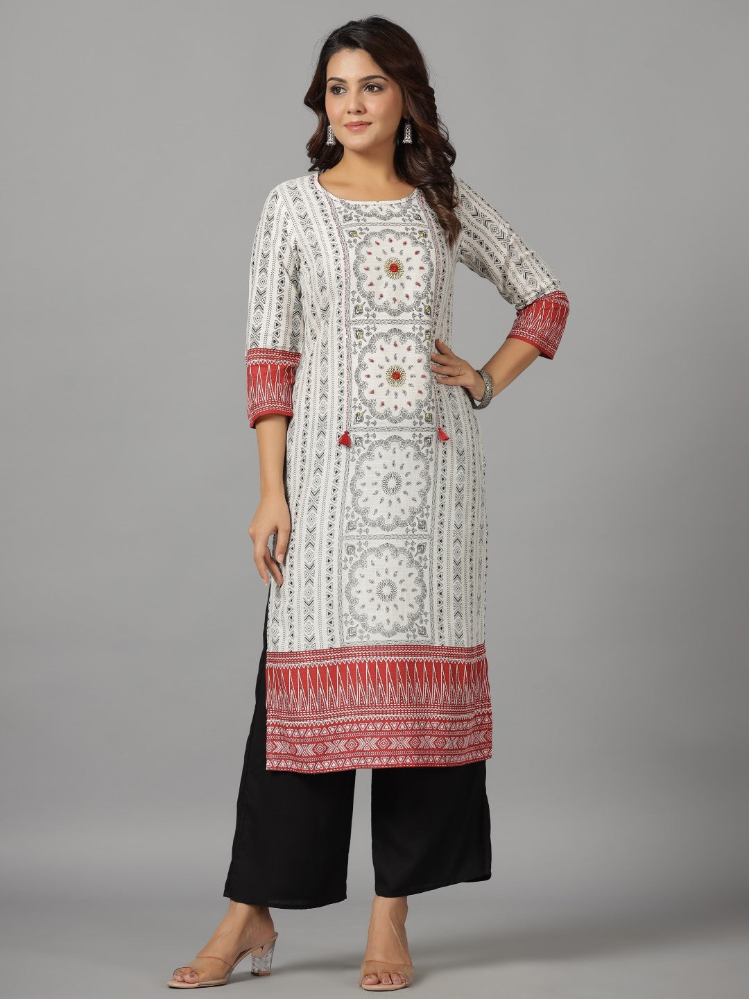 Juniper Women's White Ethnic Motif Printed Rayon Slub Kurta With Beads & Sequins - Distacart