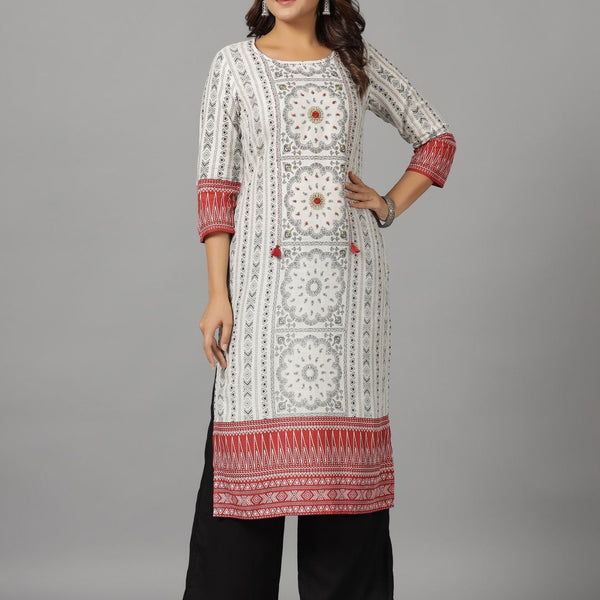 Juniper Women's White Ethnic Motif Printed Rayon Slub Kurta With Beads & Sequins - Distacart