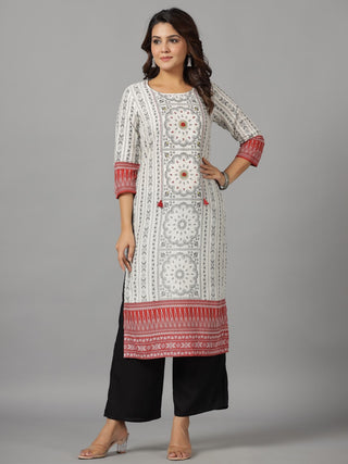 Juniper Women's White Ethnic Motif Printed Rayon Slub Kurta With Beads & Sequins - Distacart