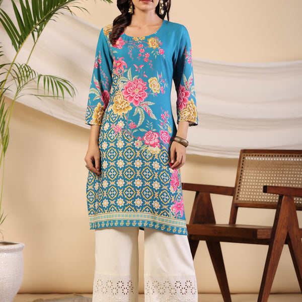 Juniper Women's Blue Rayon Floral Printed Straight Kurta - Distacart