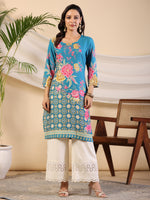 Thumbnail for Juniper Women's Blue Rayon Floral Printed Straight Kurta - Distacart