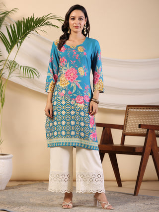 Juniper Women's Blue Rayon Floral Printed Straight Kurta - Distacart