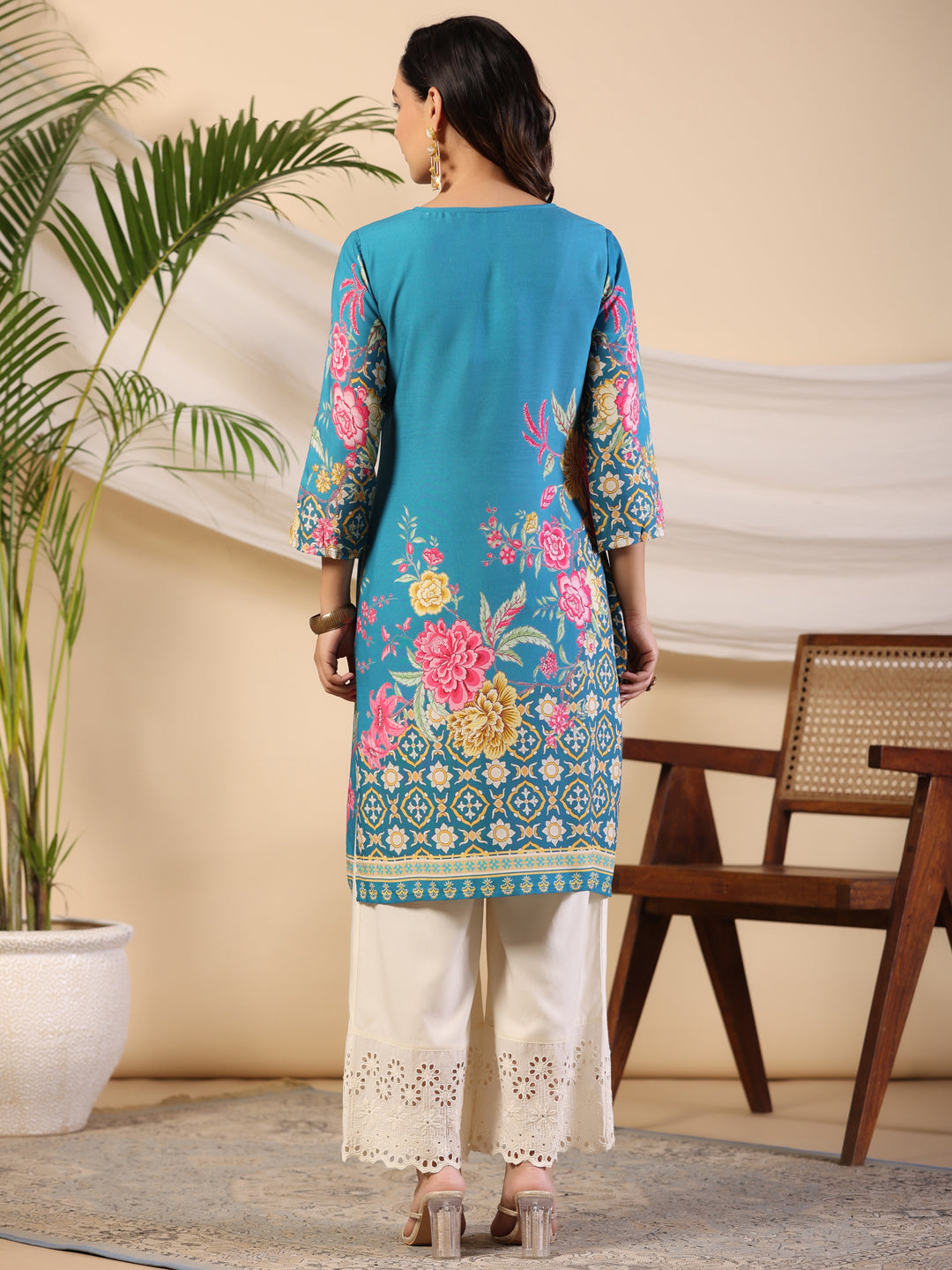 Juniper Women's Blue Rayon Floral Printed Straight Kurta - Distacart