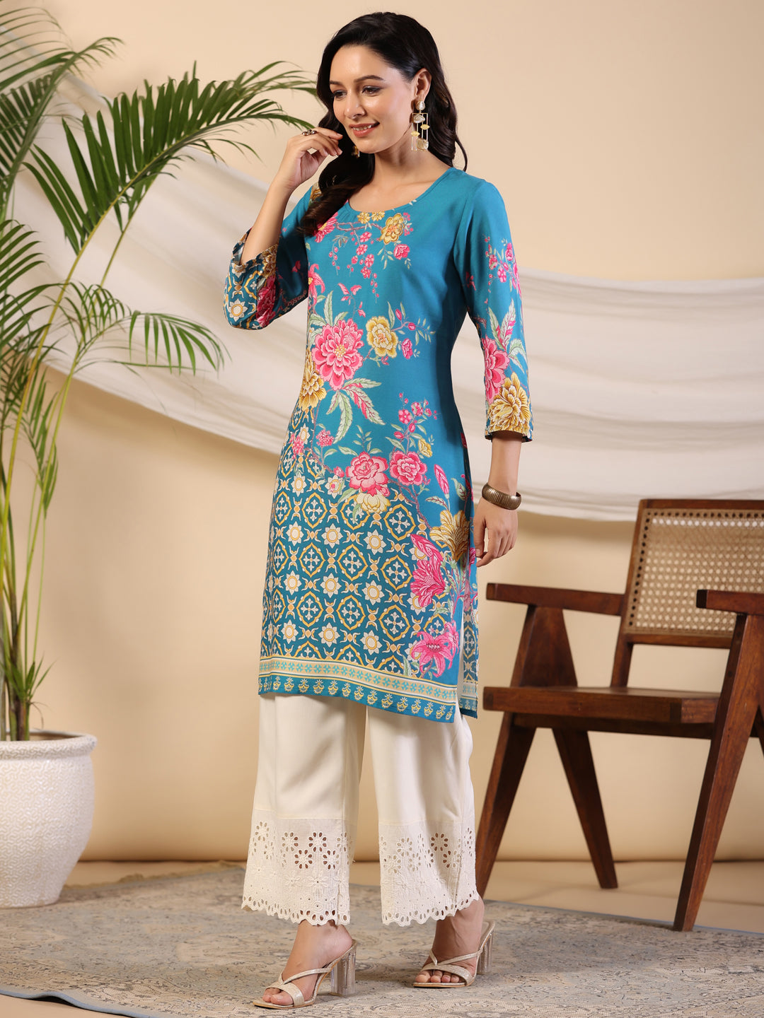 Juniper Women's Blue Rayon Floral Printed Straight Kurta - Distacart