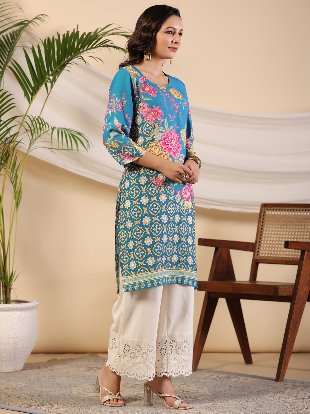 Juniper Women's Blue Rayon Floral Printed Straight Kurta - Distacart