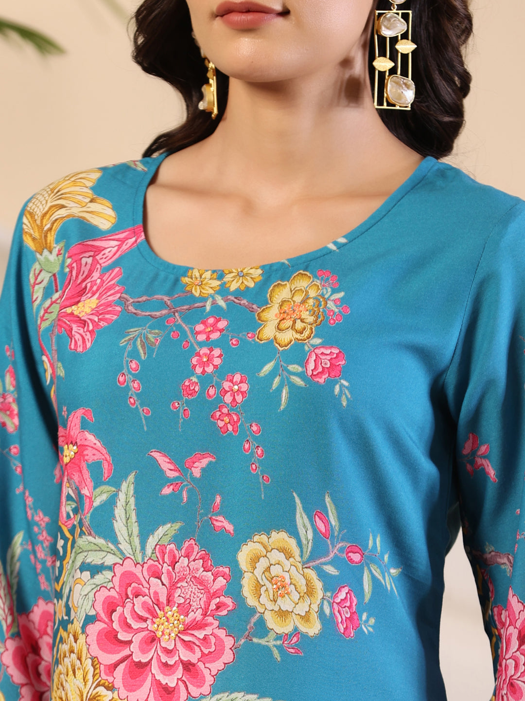 Juniper Women's Blue Rayon Floral Printed Straight Kurta - Distacart