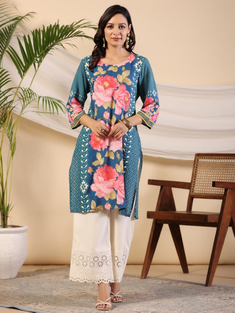 Juniper Women's Blue Rayon Floral Printed Straight Kurta - Distacart
