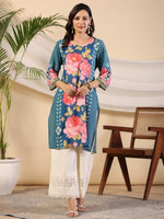 Thumbnail for Juniper Women's Blue Rayon Floral Printed Straight Kurta - Distacart