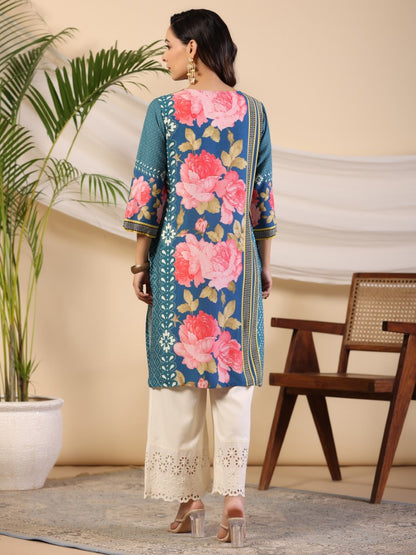 Juniper Women's Blue Rayon Floral Printed Straight Kurta - Distacart