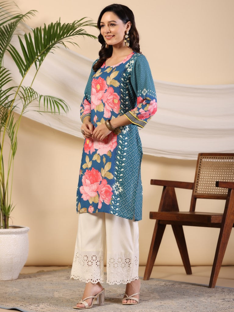Juniper Women's Blue Rayon Floral Printed Straight Kurta - Distacart