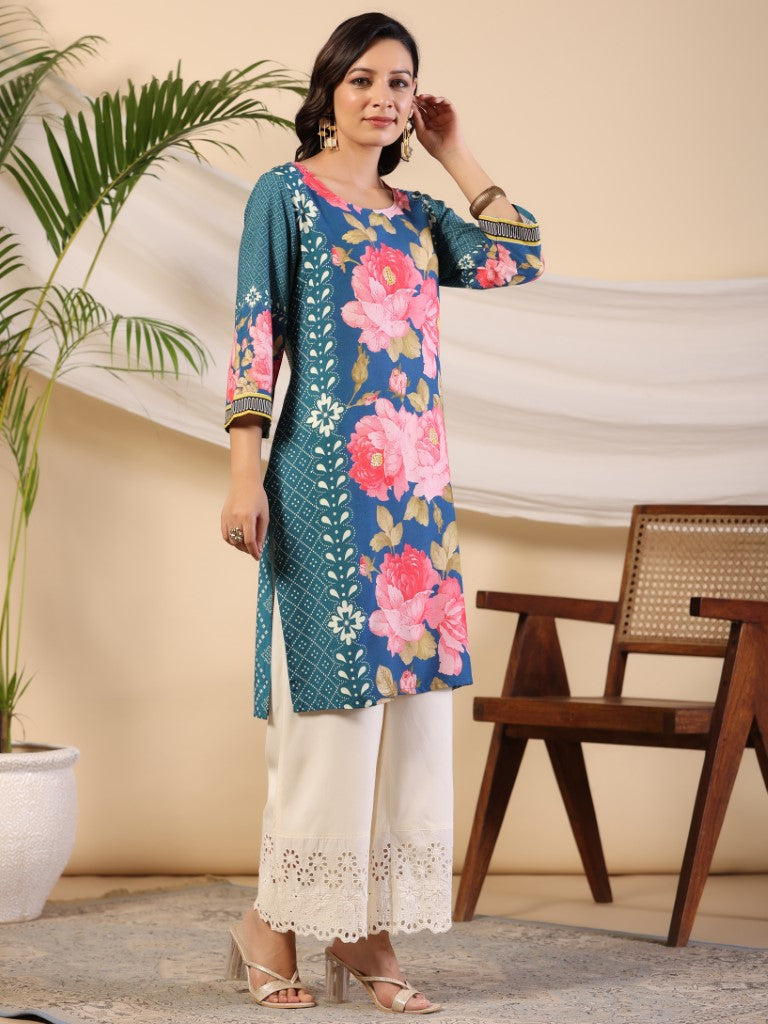 Juniper Women's Blue Rayon Floral Printed Straight Kurta - Distacart