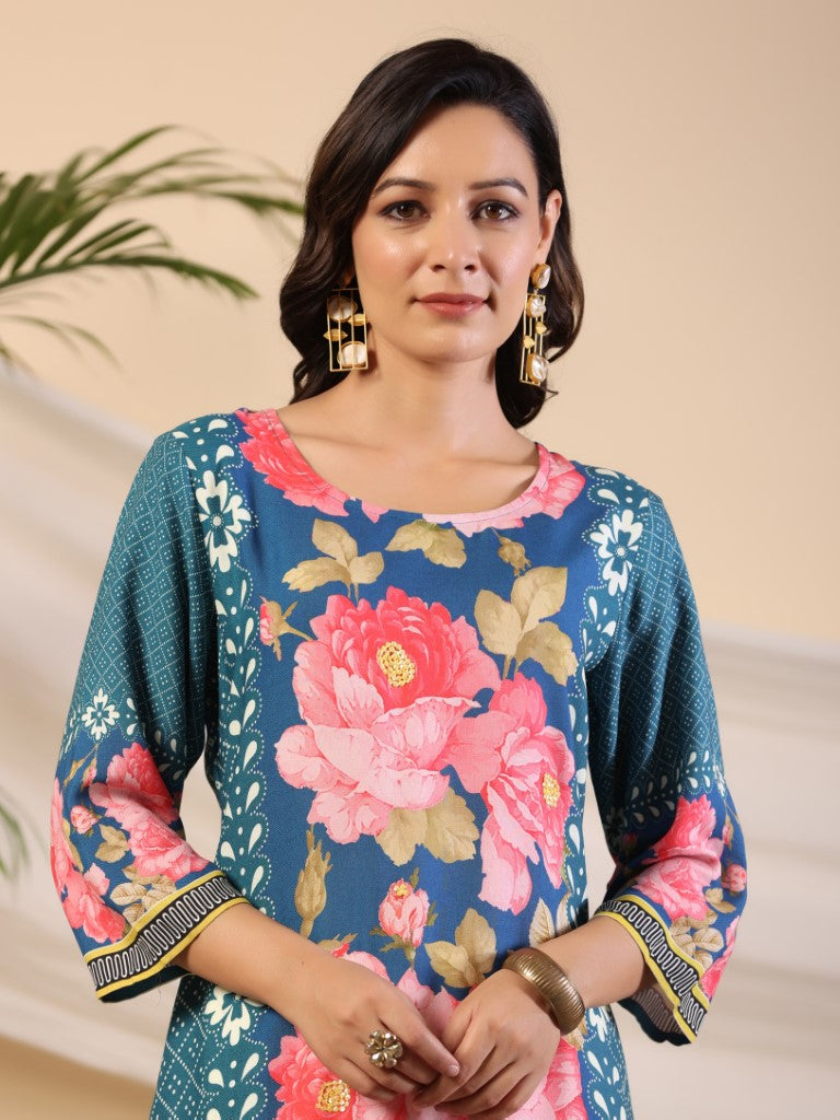Juniper Women's Blue Rayon Floral Printed Straight Kurta - Distacart