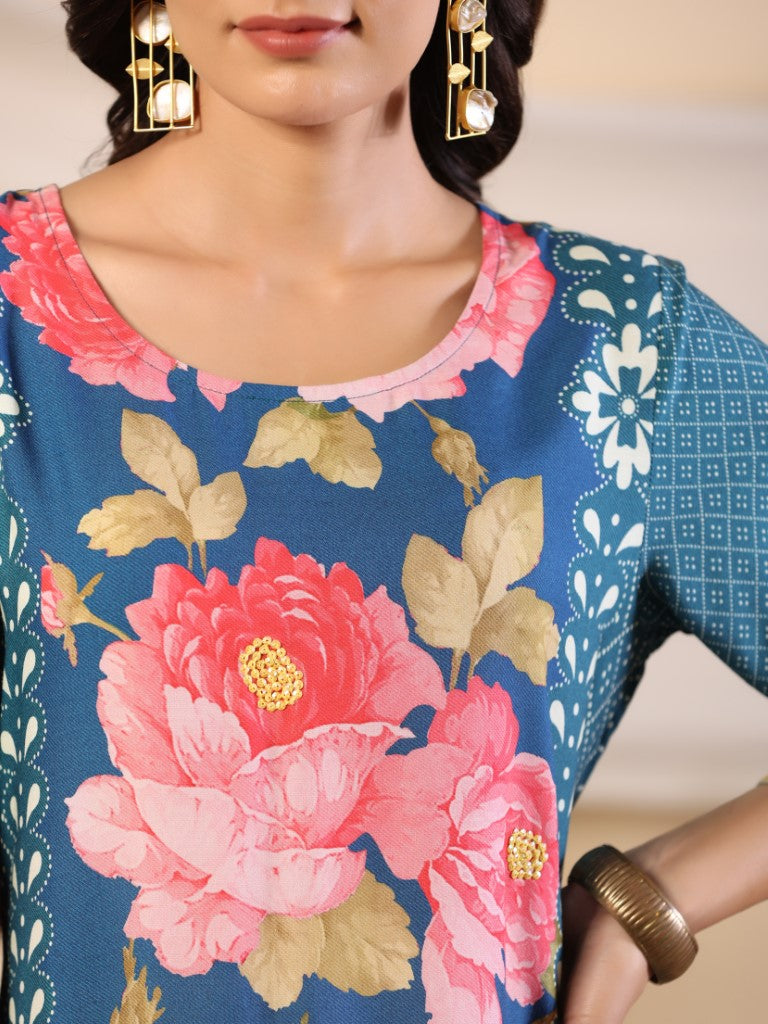 Juniper Women's Blue Rayon Floral Printed Straight Kurta - Distacart